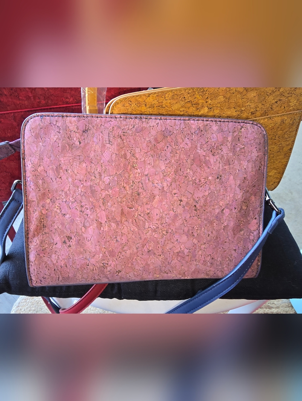 NWOT (3) Crossbody Cork Leather Shoulder Bags-Red, Mauve & Mustard By Evolution - Picture 2 of 14